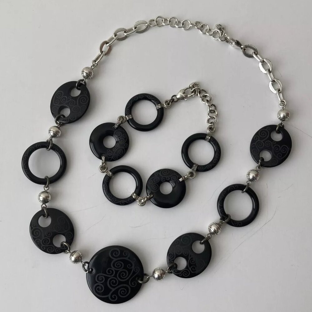 KENNETH COLE Necklace Bracelet Lucite Acrylic Bead Link Set Black Silver EUC
